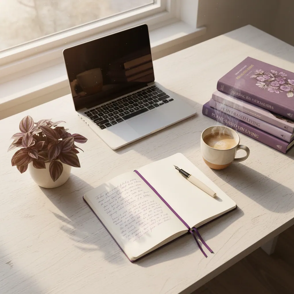 Wellness editorial desk with notebook, botanical reference books and coffee - Redwood Nutrition editorial team workspace
