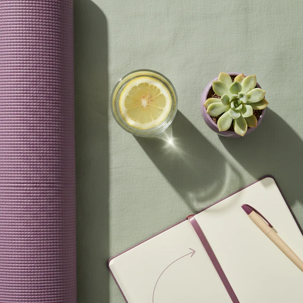 Wellness lifestyle flat-lay: yoga mat, water glass with lemon, journal and plant - everyday vitality routine