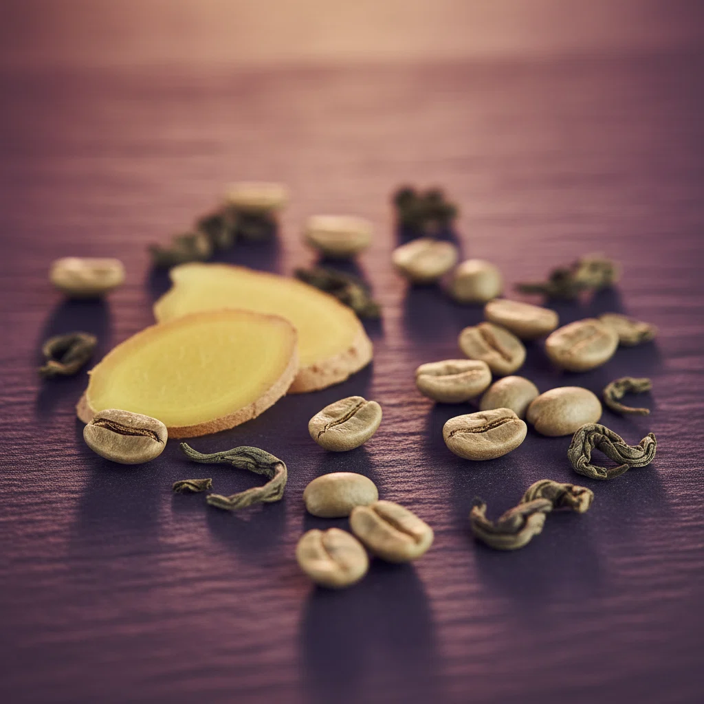 Green coffee beans, ginger root slices and green tea leaves - key plant-based supplement ingredients