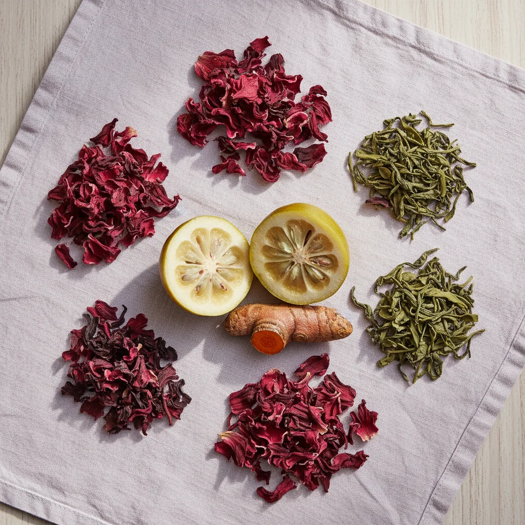 Garcinia cambogia fruit, turmeric root and hibiscus petals - tropical botanical extracts in Slim Coffee Booster