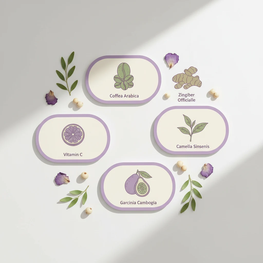 Botanical ingredient illustration cards: green coffee bean, ginger, green tea leaf, garcinia, vitamin C