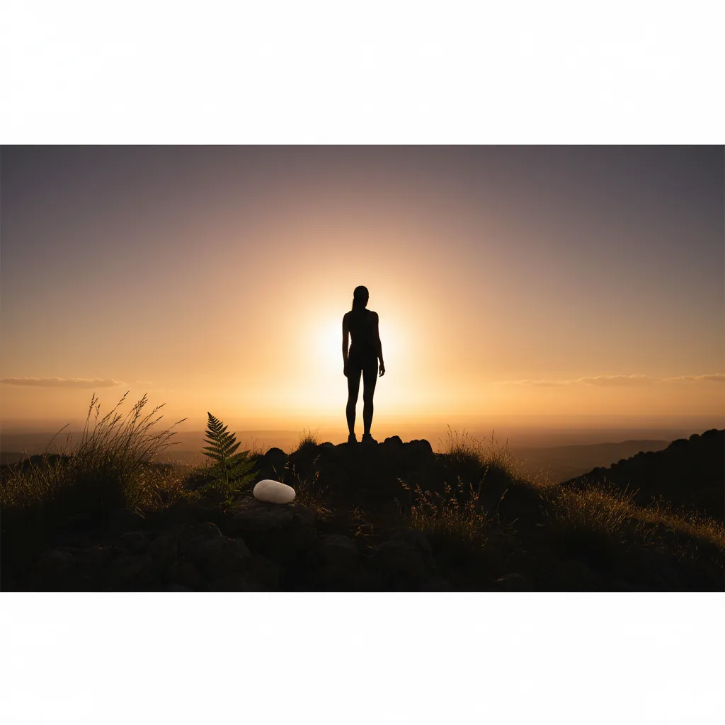 Anonymous person silhouette standing at golden-hour sunset - botanical supplement for active lifestyle