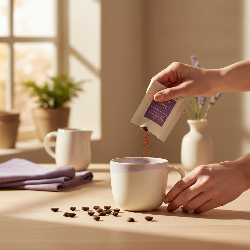 Morning kitchen scene: white coffee mug and open supplement sachet on wooden table - green coffee extract food supplement daily routine