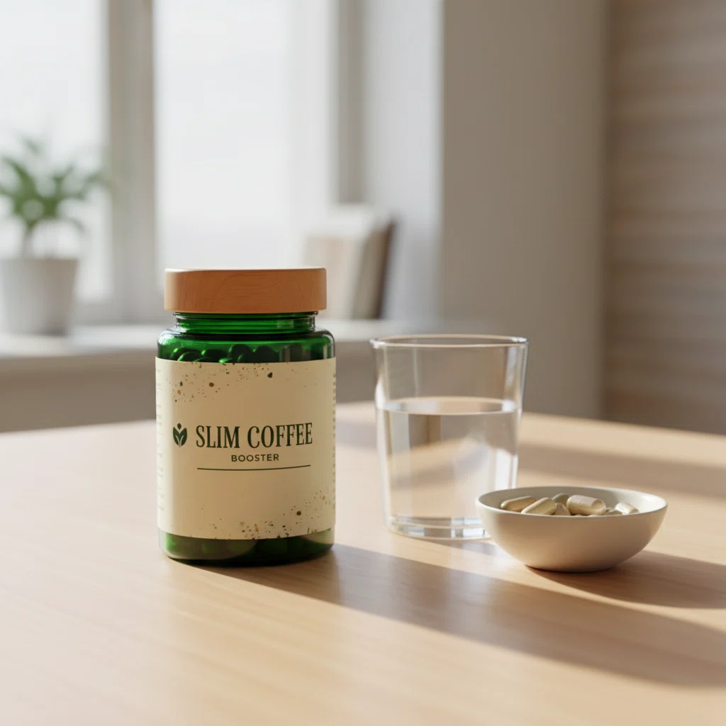 Slim Coffee Booster supplement box on marble surface with open sachet - buy Slim Coffee Booster United Kingdom