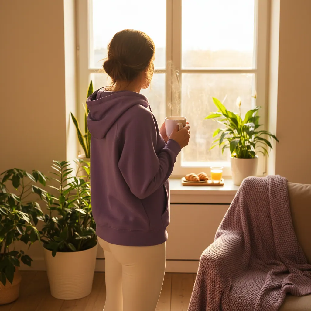 Anonymous person from behind looking out a bright window holding a white mug - metabolism support supplement daily routine